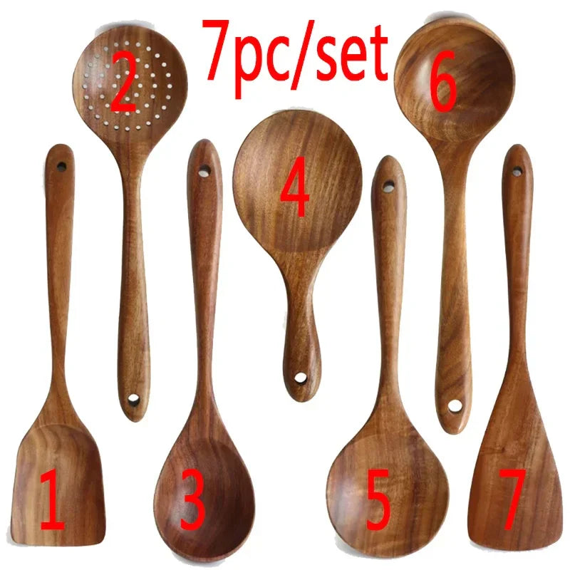 7-Piece Natural Wood Kitchen Utensil Set – Spoon Ladle Turner