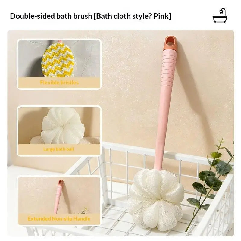 2-in-1 Long Handle Bath Brush & Exfoliating Loofah Puff
