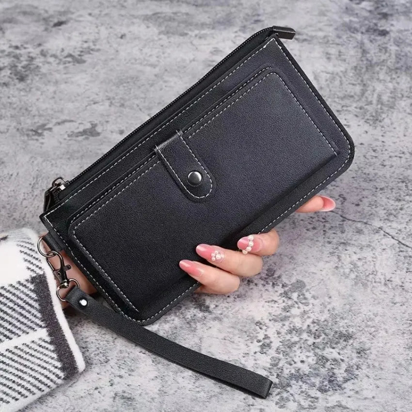 PU Leather Long Multi-card Position Clutch Buckle Zipper Studen