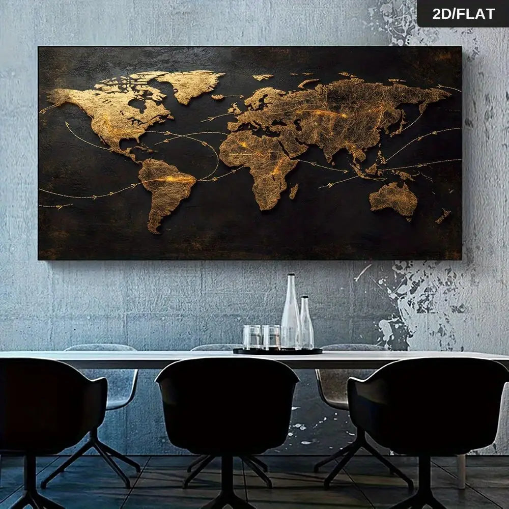 A modern abstract gold world map mural with connecting arrows, featuring a black and gold metallic finish, suitable for living r Peaceful Pleasures Health and Wellness