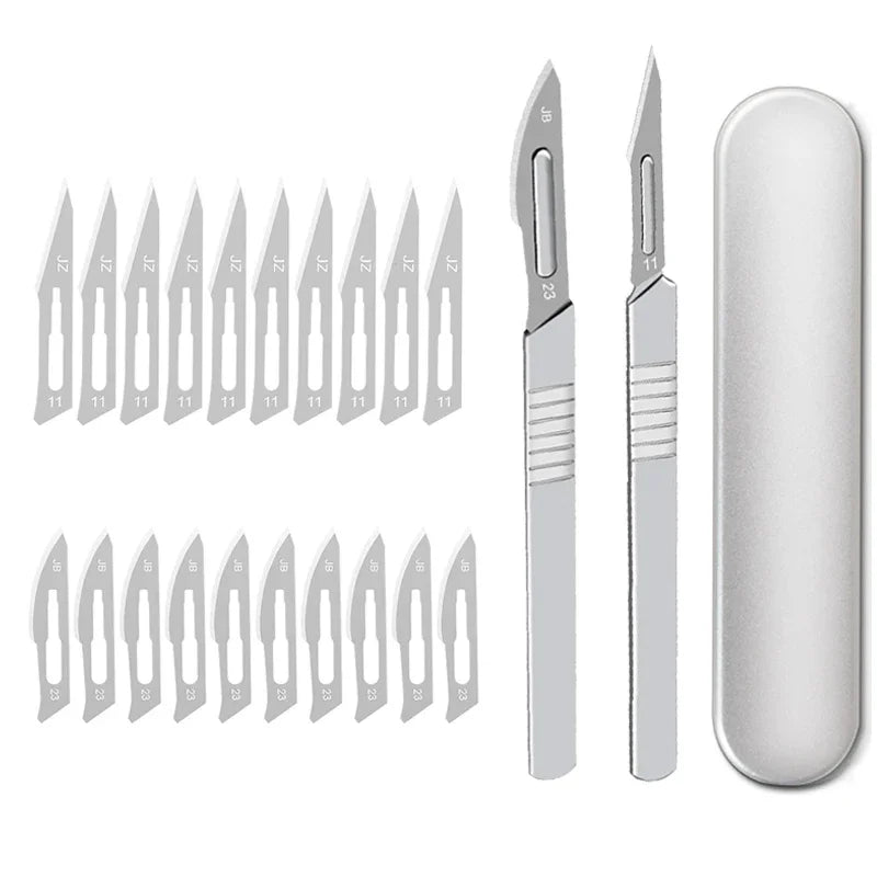 11# 23# Carbon Steel Carving Metal Scalpel Blades Handle Scalpel DIY Cutting Repair Animal Surgical Knife Tool Kits Box Non Slip Peaceful Pleasures Health and Wellness A B with box