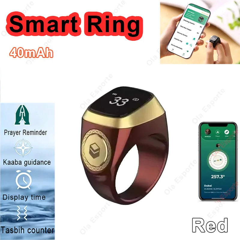 2026 New Smart Ring Men Women Prayer Reminder Tasbih counter Display Time 49 Inch HD Screen Bluetooth Life WaterProof Smartring Peaceful Pleasures Health and Wellness Red 20