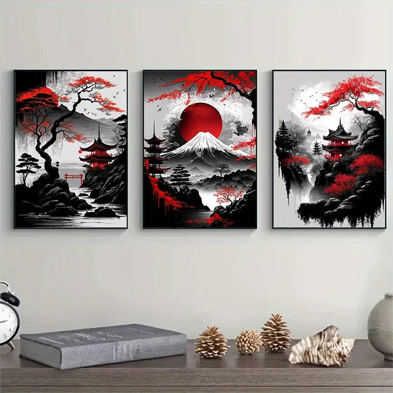 Landscape Canvas Painting Black And Red Posters Vintage Ink Art Wall Prints For Living Room Home 3pcs Frameless Japanese Natural Peaceful Pleasures Health and Wellness