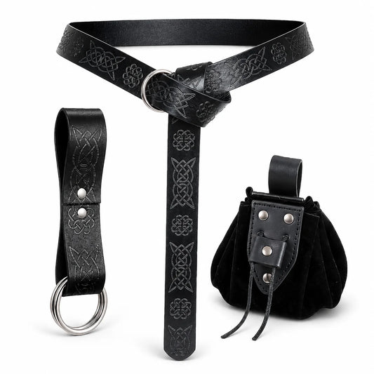 Celtic Leather Belt Pouch Medieval Waist Bag Ring Holder Adjustable Peaceful Pleasures Health and Wellness 3Pcs Set Option 1