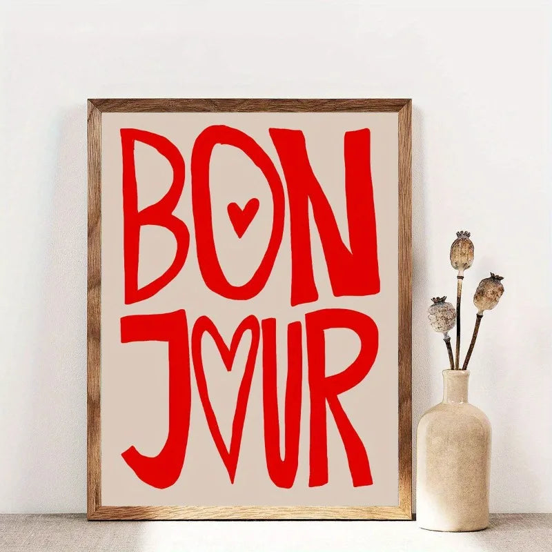 Bonjour Letter Print Art Poster Classic Modern Wall Art Canvas, Frameless Decor, Alphabet Theme for Cafe, Bar, Dorm Wall Hanging Peaceful Pleasures Health and Wellness