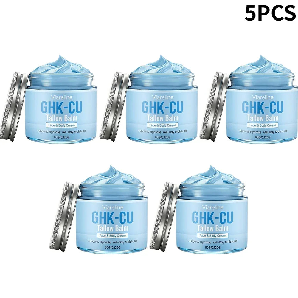 Natural GHK-CU Copper Peptide Tallow Balm Blue Cream - Brighten Hydrating Face & Body Moisturizer, for Dry Sensitive Mature Skin Peaceful Pleasures Health and Wellness 5pcs