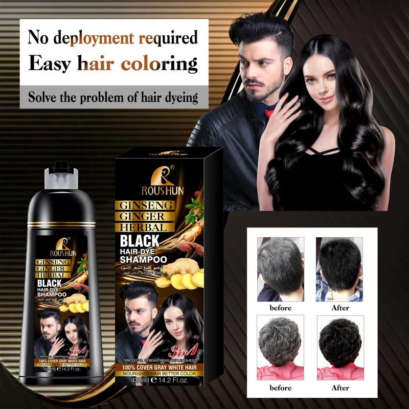 420ml ROUSHUN Black Hair Shampoo Hair Dye Ginseng Ginger Black Hair Colorant Nourishing Hair Care Cleanser 3-in-1 Peaceful Pleasures Health and Wellness