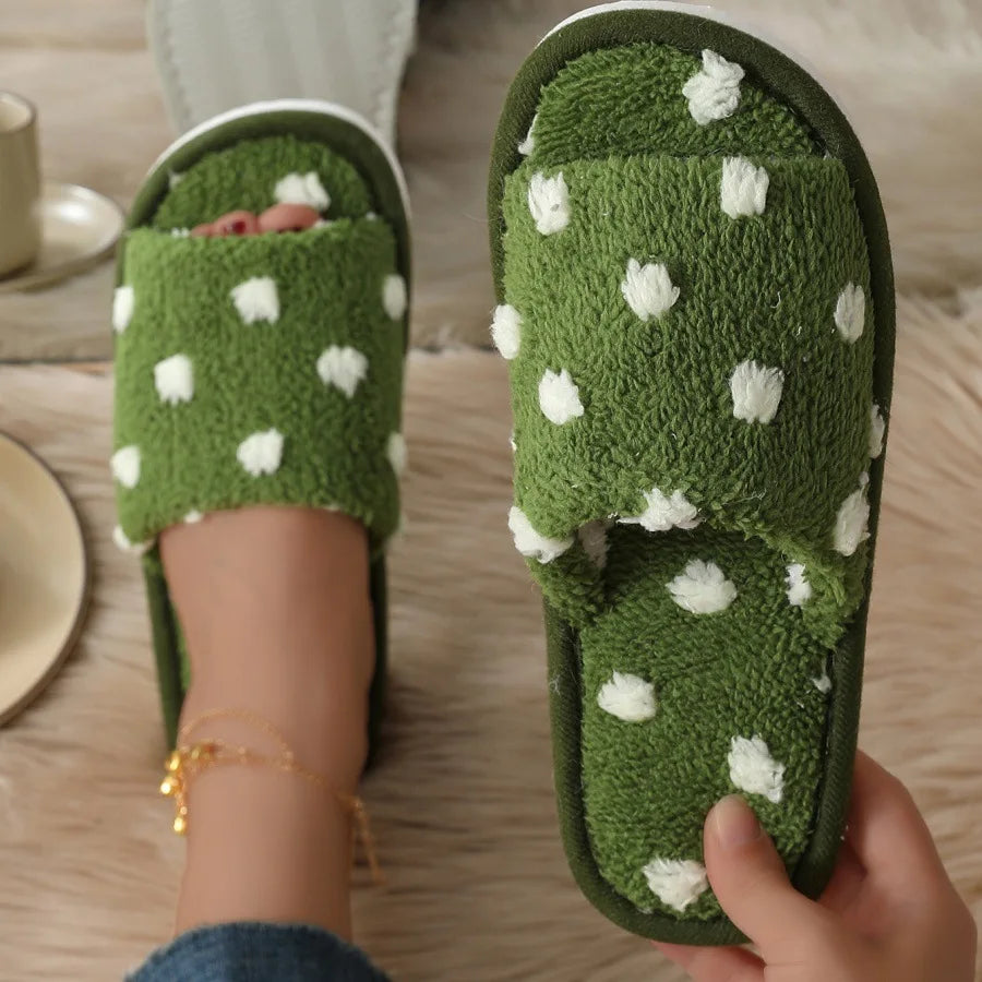 Women's Polka Dot Fluffy Slippers | Warm Non-Slip Open Toe