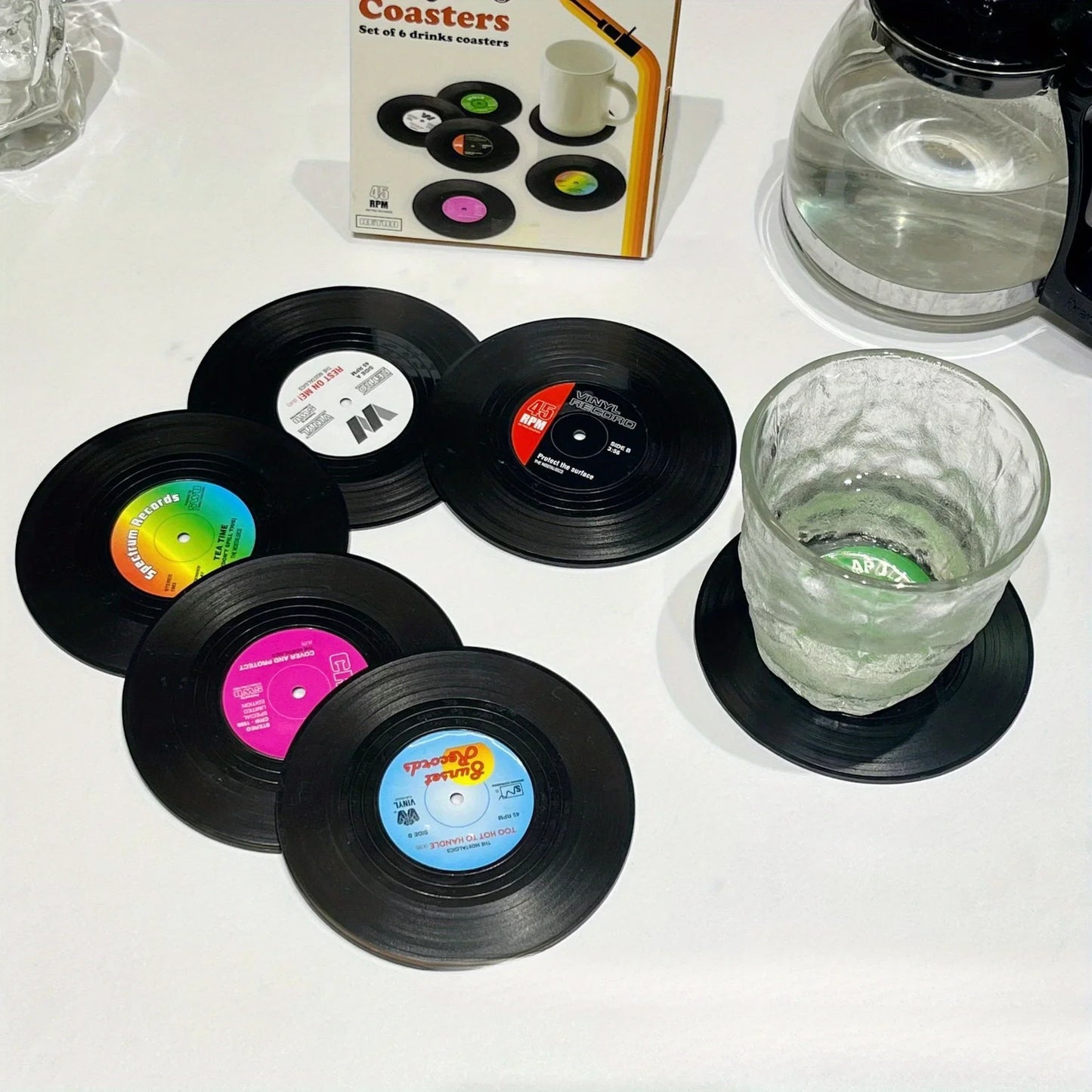 6-Pack Vinyl Record Coasters – Retro Absorbent Table Protectors