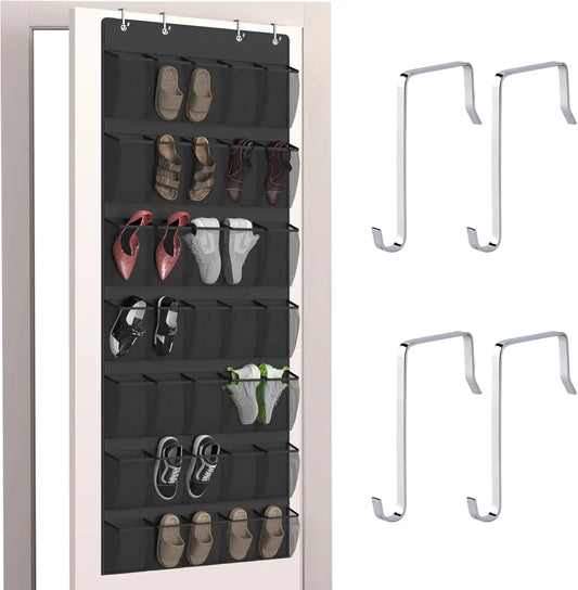 Over-the-door shoe organizer with shoes and hooks on a white background