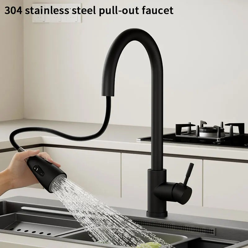 Brushed Nickel Pull-Out Kitchen Faucet | Single Hole, Hot & Cold