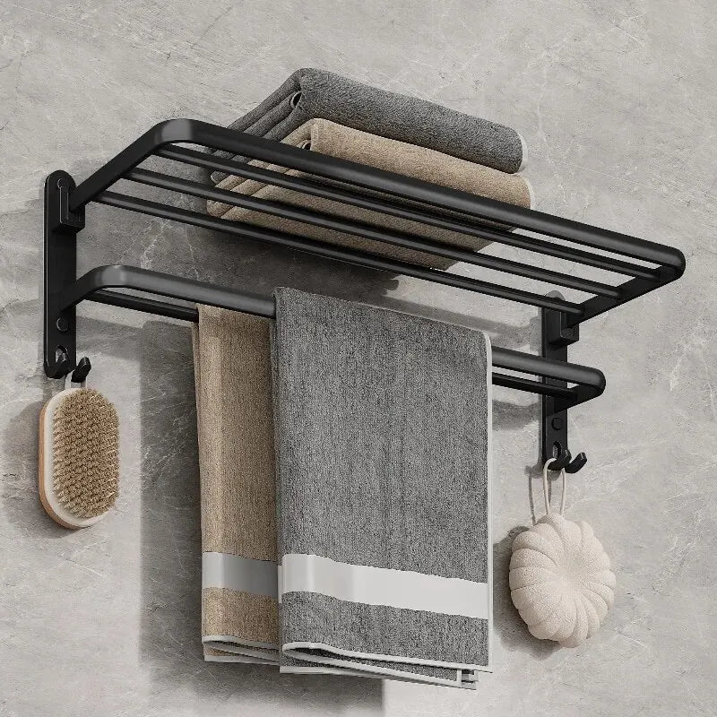 Matte Black 50CM Folding Double Towel Rack | Aluminum Wall Mount