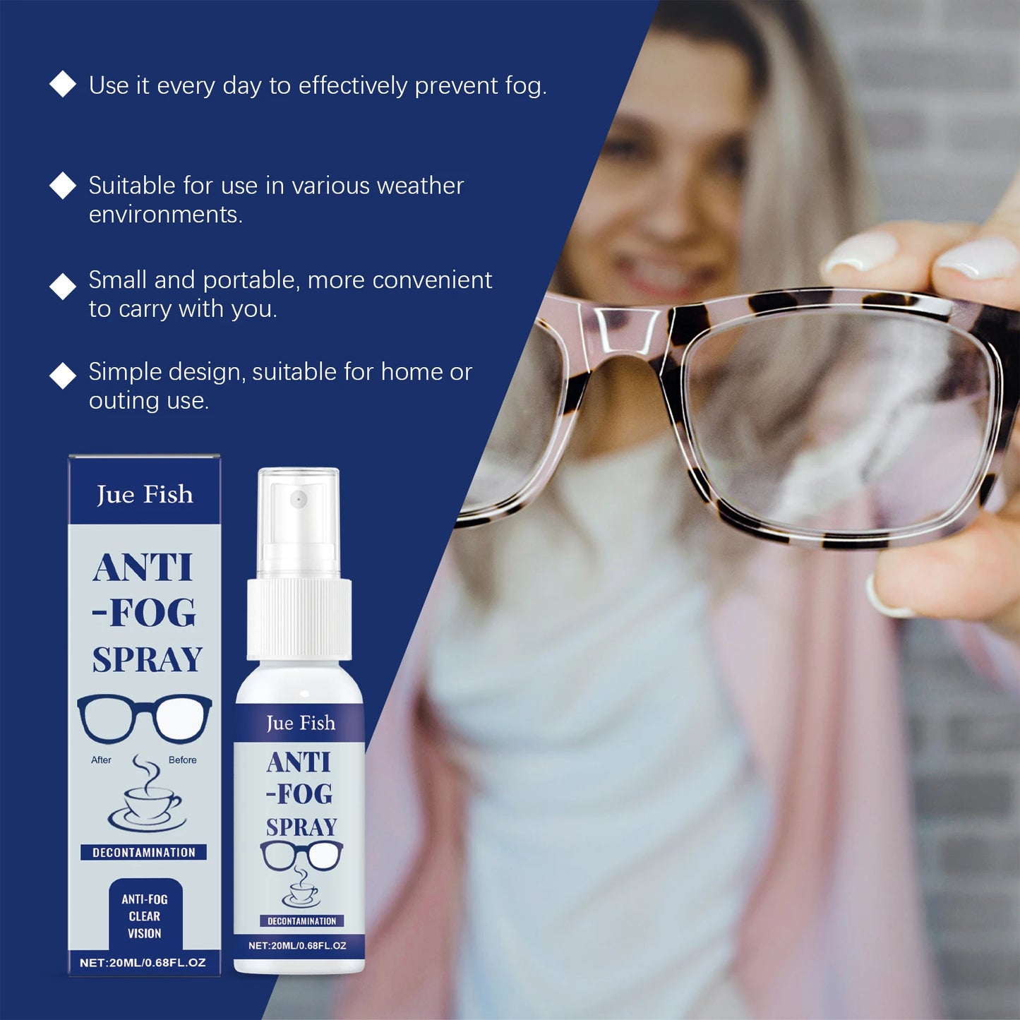 Jue-Fish Anti-Fog Spray for Eyeglasses | Clear Vision Lens Spray