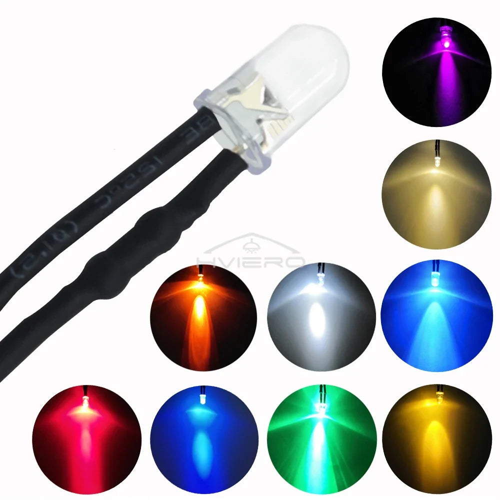 10-Pack 5mm Pre-Wired LED Bulbs DC 12V | 9 Colors, 20cm Cable