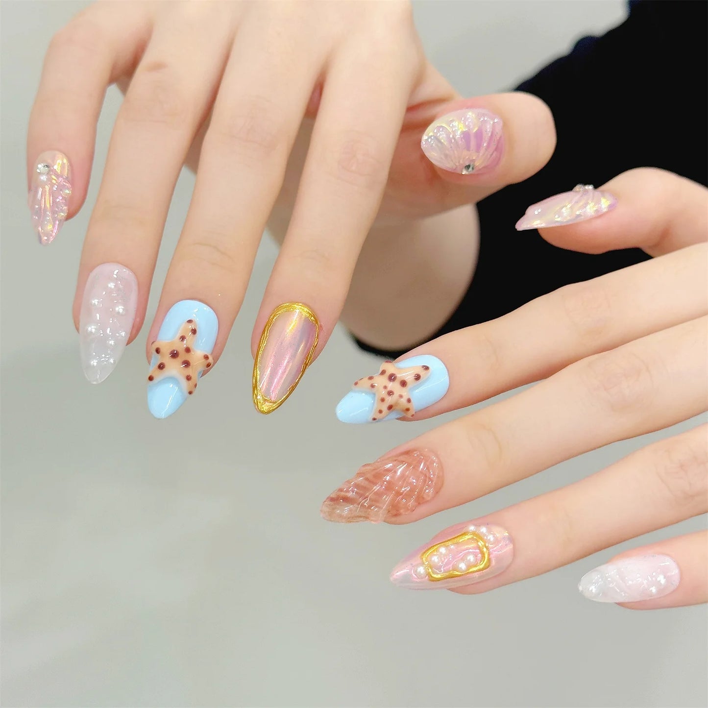 Aurora Press On Nails 3D Flower Glitter Pearl Almond Set 10pcs Press On Nails Peaceful Pleasures Health and Wellness
