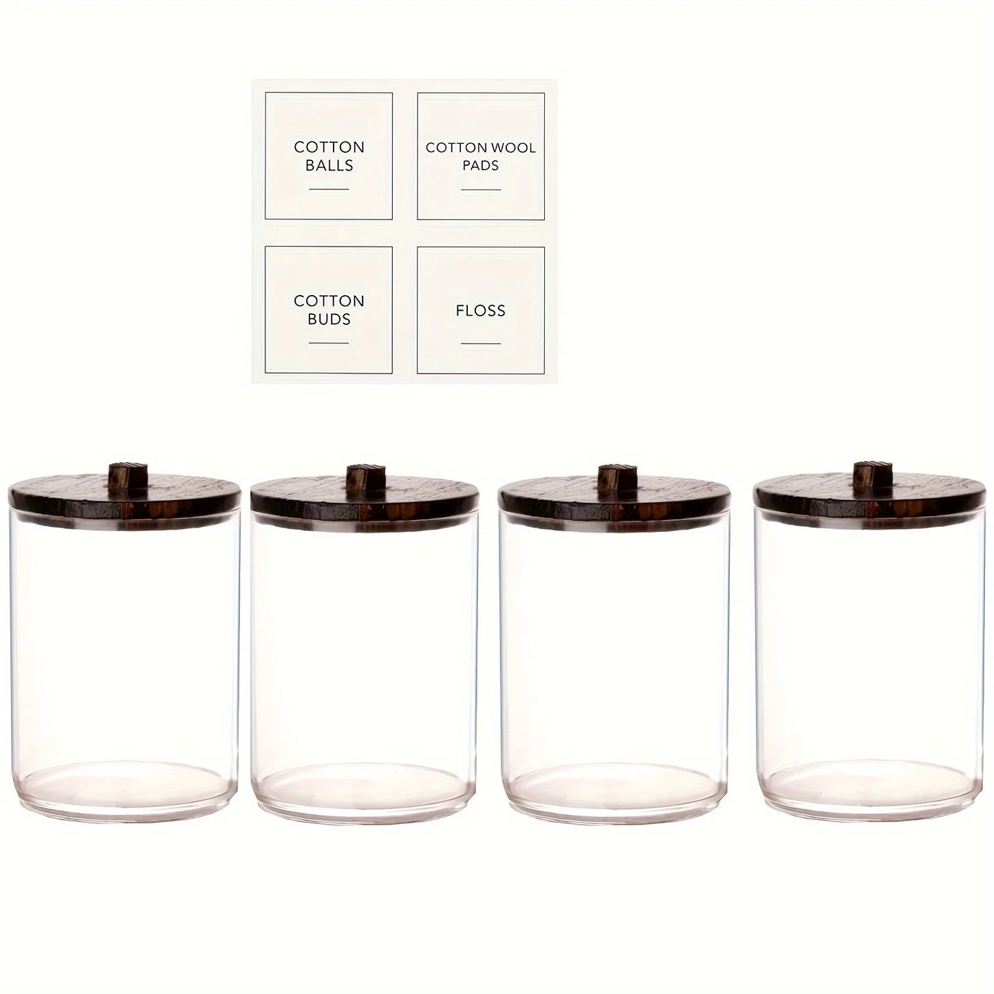 Qtip Holder Apothecary Jars with Wood Lids – 4 Pack Clear Plastic Vanity Organizer Storage Containers (10 oz)