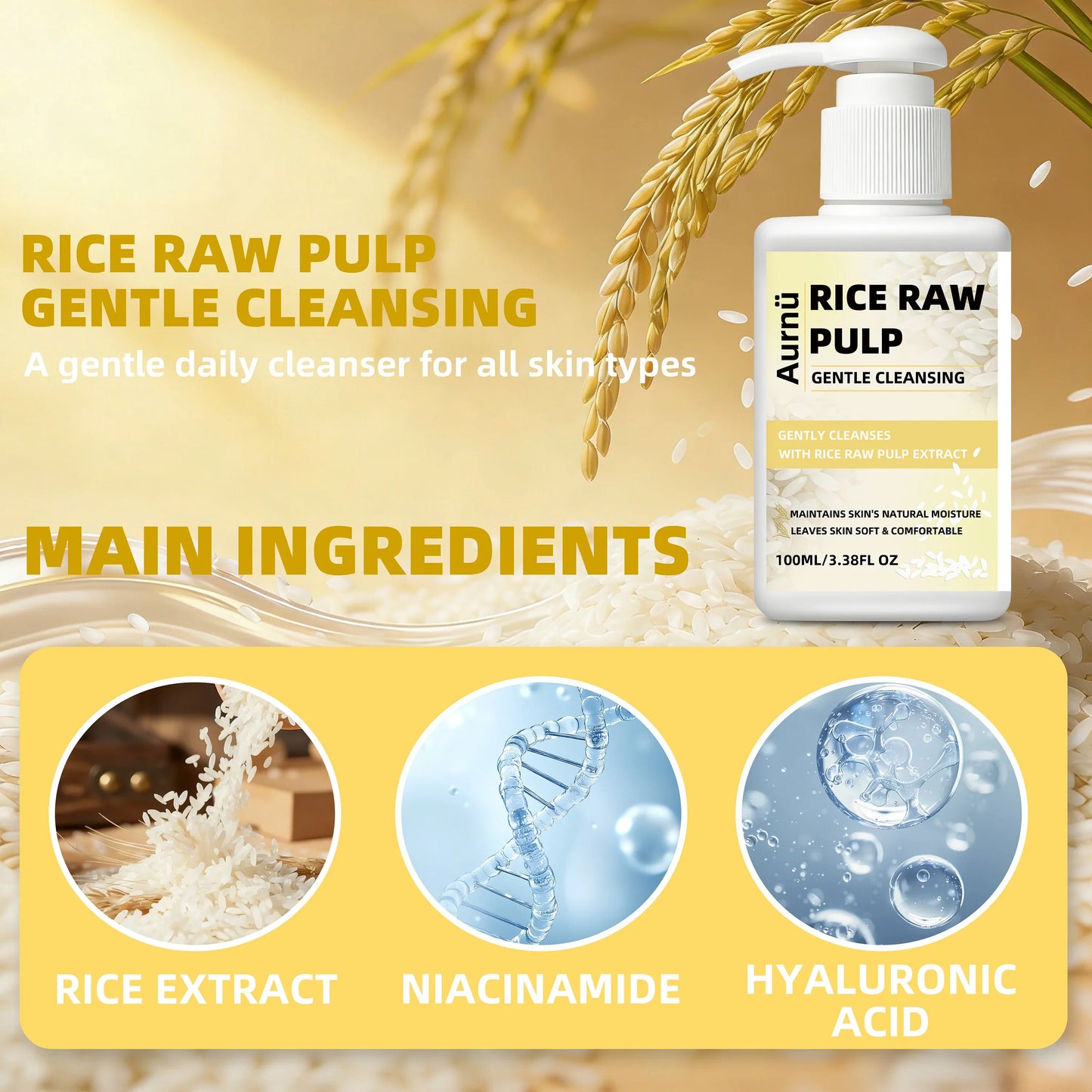 Aurnü Rice Raw Pulp Gentle Facial Cleanser – All Skin Types