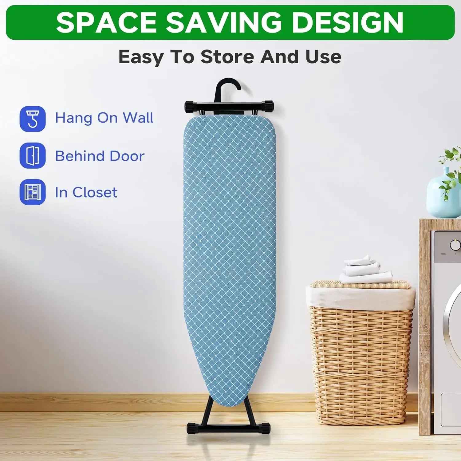 Compact Foldable Ironing Board 13x43 Inch, Heat Resistant Cover, Adjustable Height with Storage Hook Peaceful Pleasures Health and Wellness