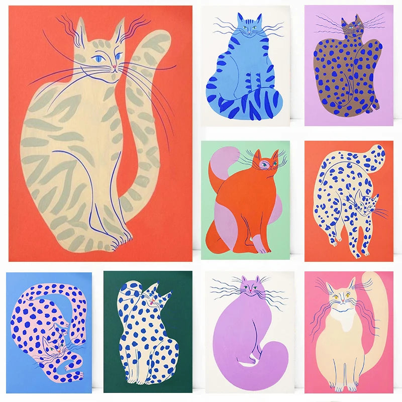Abstract Cats Illustration Poster Funny Animal Prints Canvas Painting Wall Art Pictures Home Living Room Modern Pets Decoration Peaceful Pleasures Health and Wellness