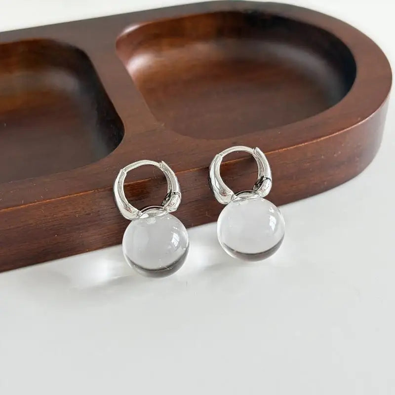 Clear Glass Ball Hoop Drop Earrings | Korean Fashion Jewelry