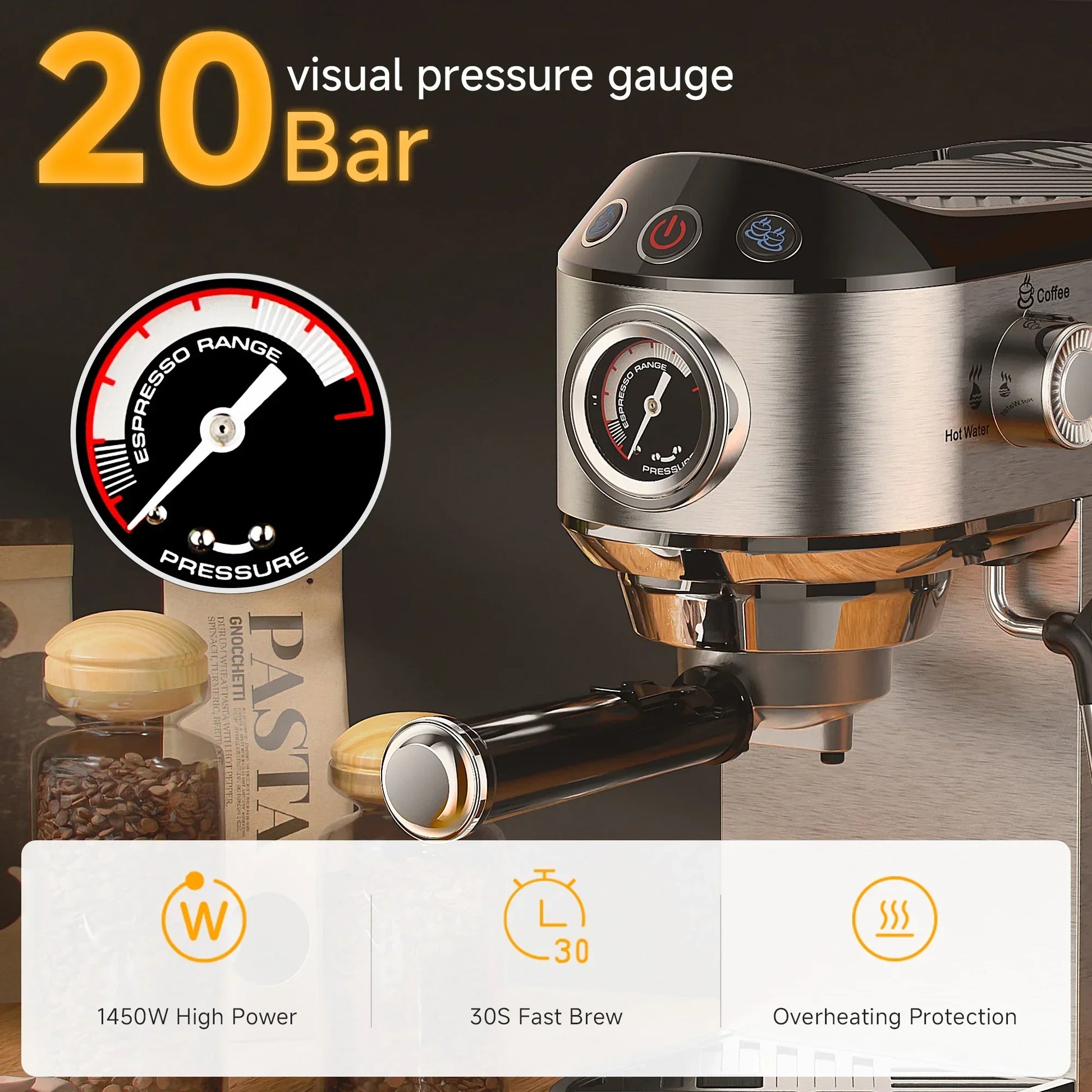 BioloMix 20 Bar Semi-Auto Espresso Machine with Steam Frother – 1350W Coffee Machine Peaceful Pleasures Health and Wellness