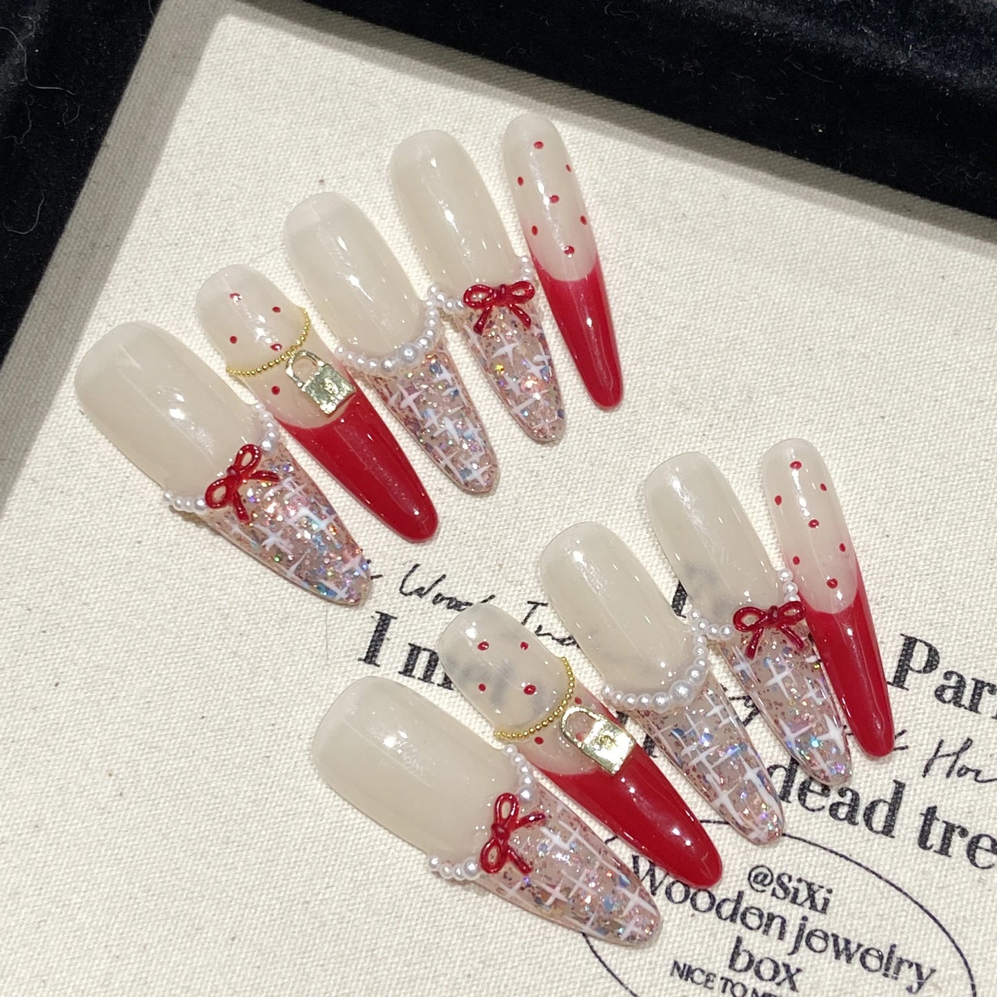 Handmade Long Oval Press on Nails Sweet Red Bow French Fake Nails Full Cover Wearable Shiny Sequins Korean Cute False Nail Tips Peaceful Pleasures Health and Wellness M