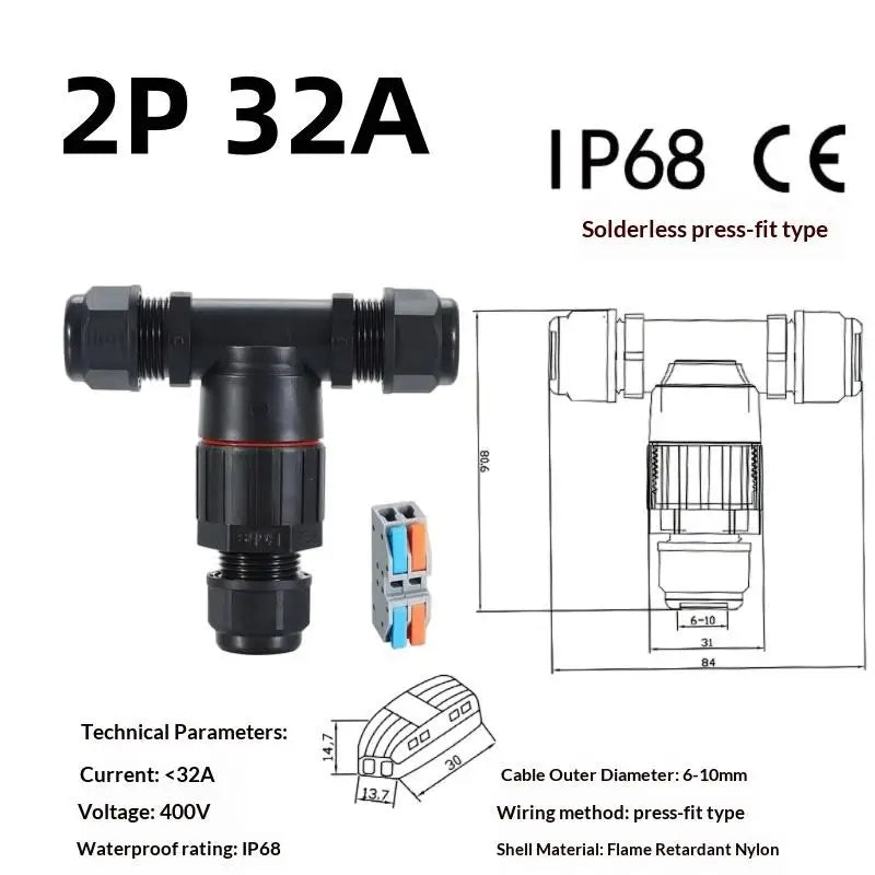 1Pc T Shape Waterproof Electric Connector Quick Screw Connect Push-in Terminals IP68 2/3/4/5Pin For Junction Box Wire Connector Peaceful Pleasures Health and Wellness T5 2PIN 32A