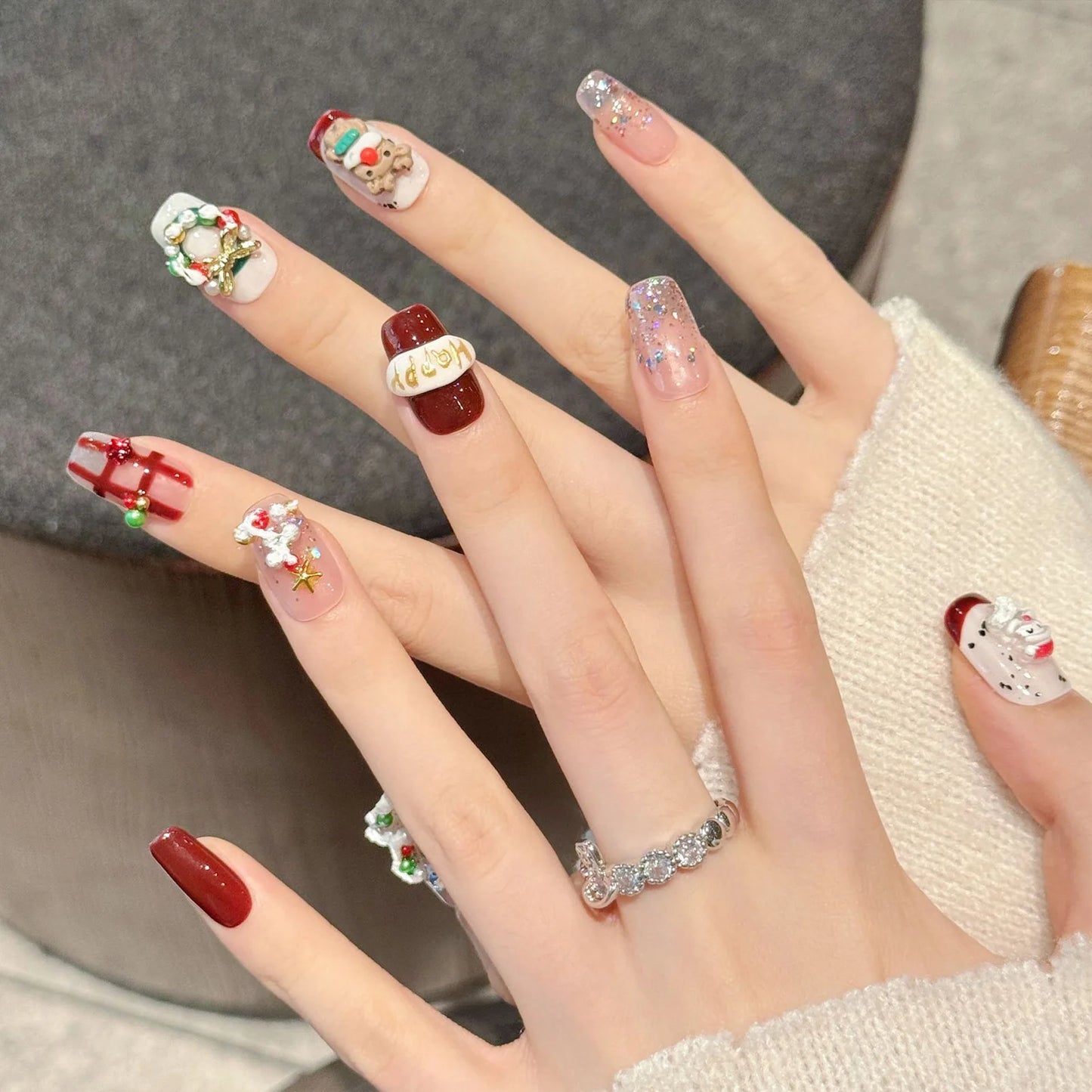 Christmas Press On Nails | 3D Glitter Sequin Designs – 10pcs