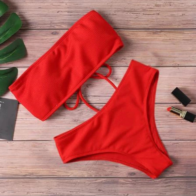 Sexy Bikini Swimwear for Women Swimsuit Solid Color Bikini Set Female Tube Top Padded Bathing Suit Summer Beach Wear Peaceful Pleasures Health and Wellness Red S
