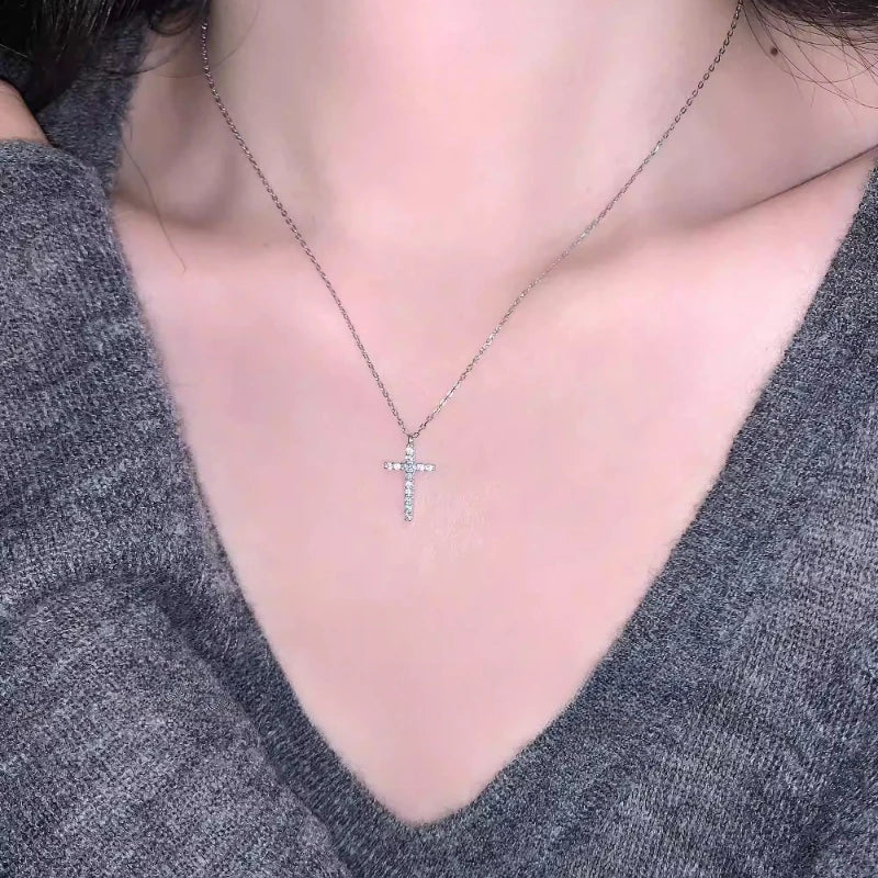 Zircon Cross Pendant Necklace – Minimalist Clavicle Chain Women