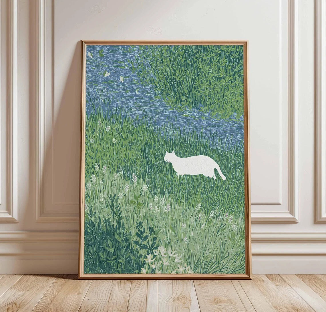 White Cat in Meadow Canvas Poster | Whimsical Animal Wall Art Canvas Wall Art Peaceful Pleasures Health and Wellness TR12292-2 20x30cm Unframed