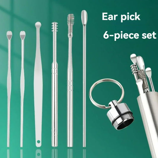 6pcs Stainless Steel Ear Wax Removal Tool Set Spiral Rotating EarPicking Spoon Ear Picker Spoon For Cleaning Collecting Ear Wax Peaceful Pleasures Health and Wellness