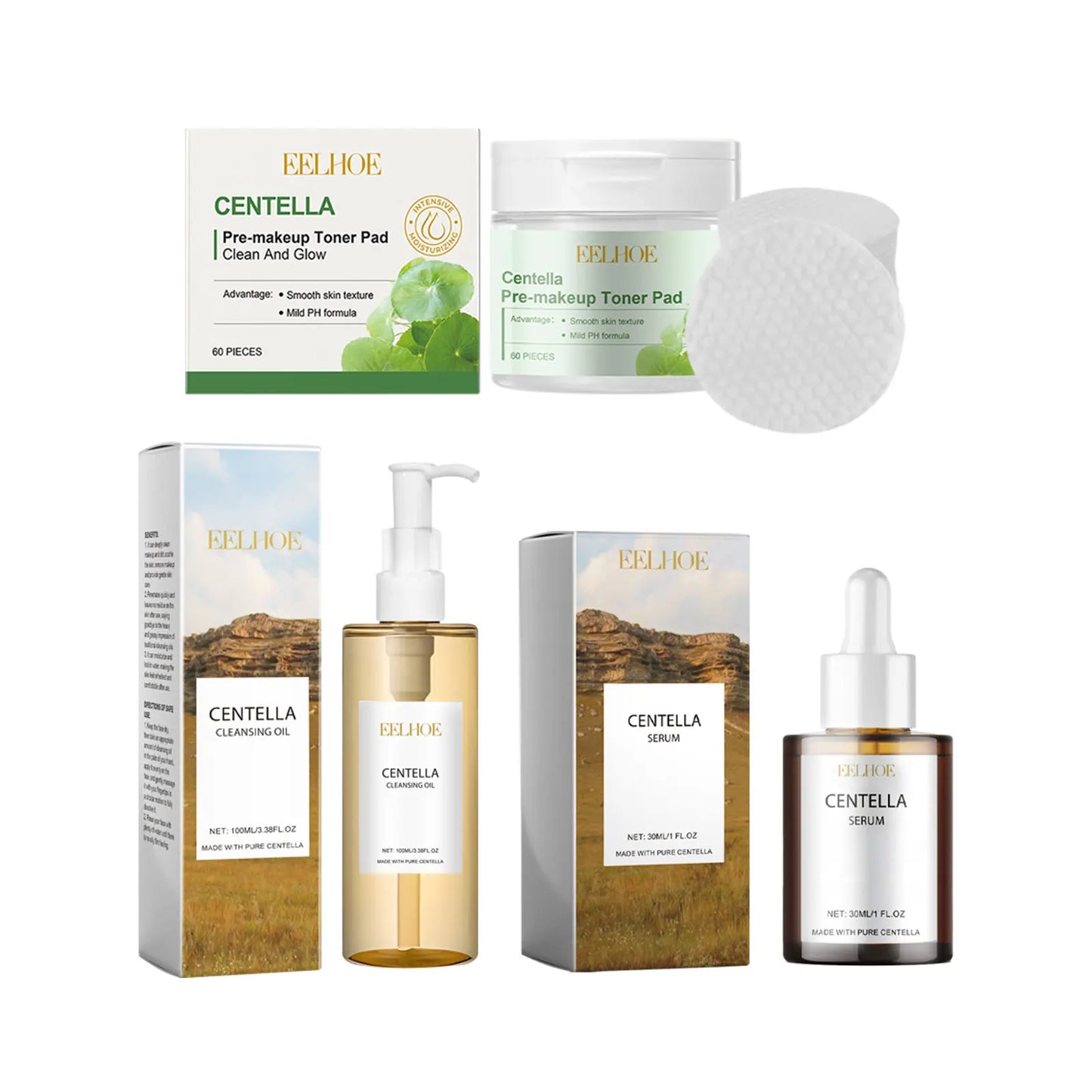 Eelhoe Centella Skincare Set – Toner Pads, Cleansing Oil & Serum