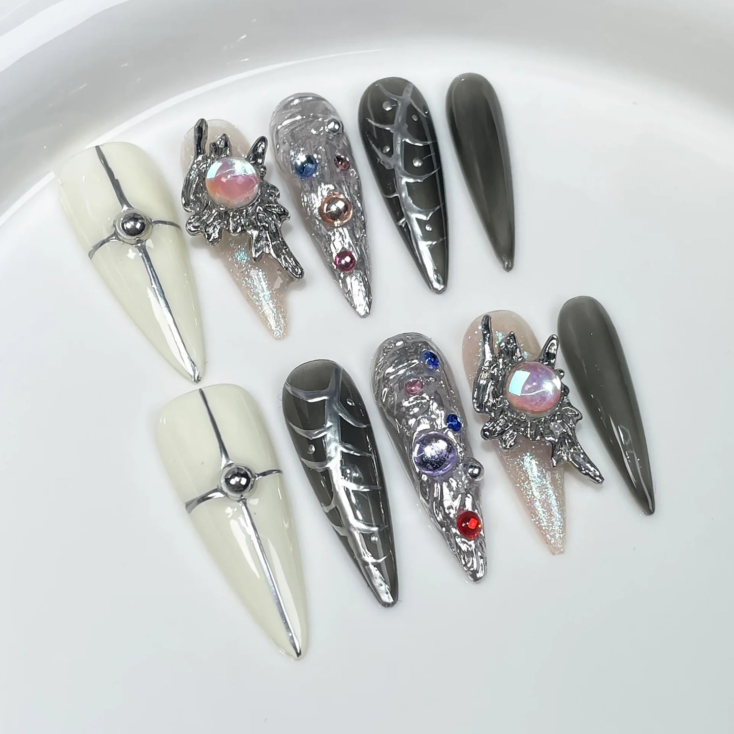 Handmade Press on Nails Punk Cool Black Star Crocodile pattern False Nails Heavy Metal European Black Almond Fake Nail Patches Peaceful Pleasures Health and Wellness XS 3