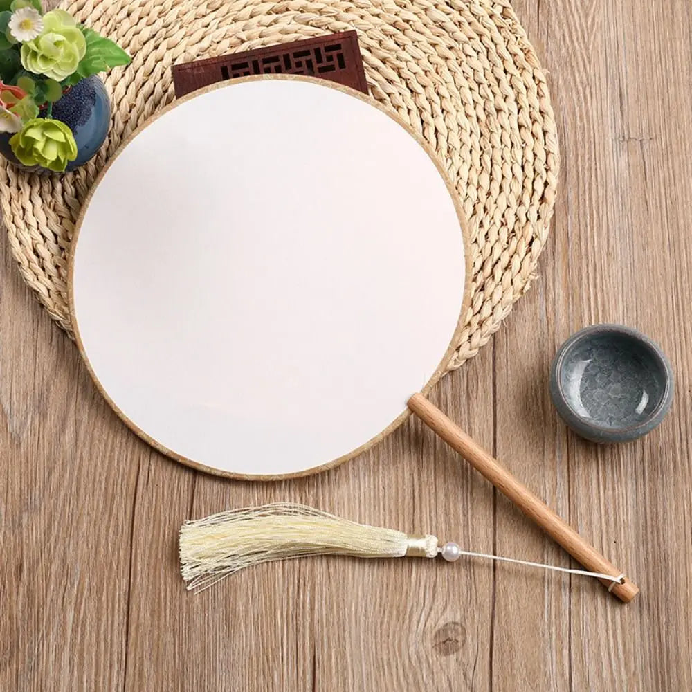 Blank Round Hand Fan – Vintage Wooden Silk DIY Art Fan with Tassel