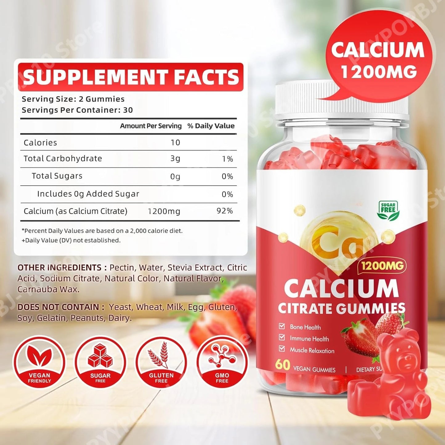 Calcium Citrate Gummies 1200mg Sugar Free – Strawberry 60ct