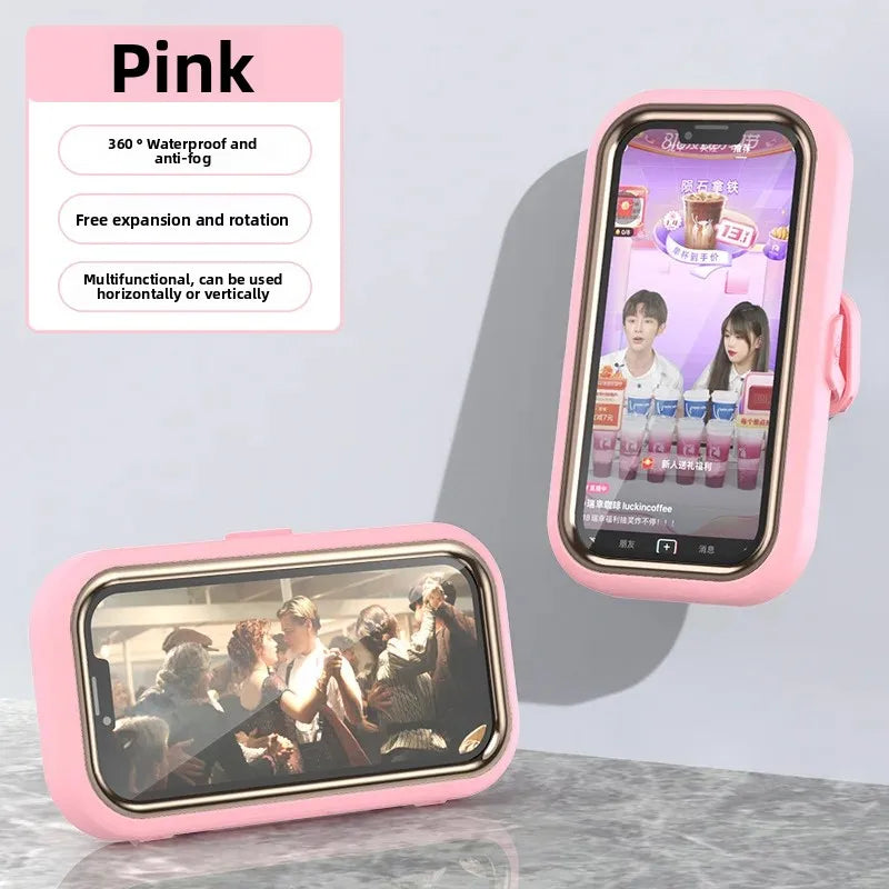 Waterproof mobile phone box with 360° rotation punch free bathing artifact anti fog mobile phone box for kitchen wall waterproof Peaceful Pleasures Health and Wellness Pink