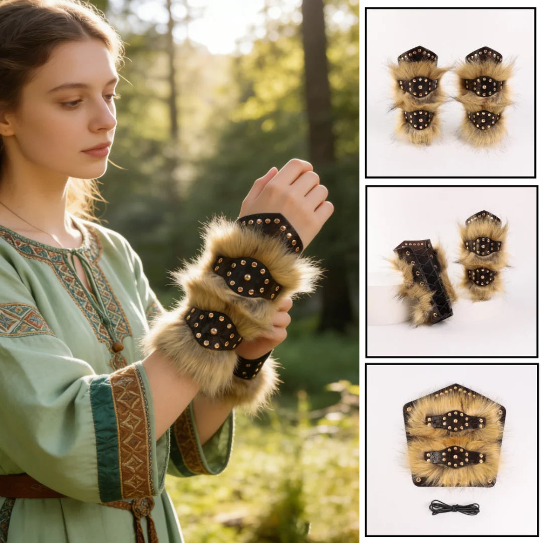 Faux Leather Wrist Guards Medieval Steampunk Arm Bracers Fur Armor