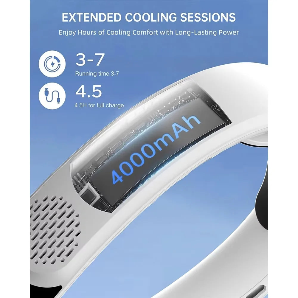 Neck Fan 4 Turbo Foldable Neck Cooler 4000 mAh Battery Bladeless Portable Wind Fan 3 Speeds Type-C Rechargable Ventilador Peaceful Pleasures Health and Wellness