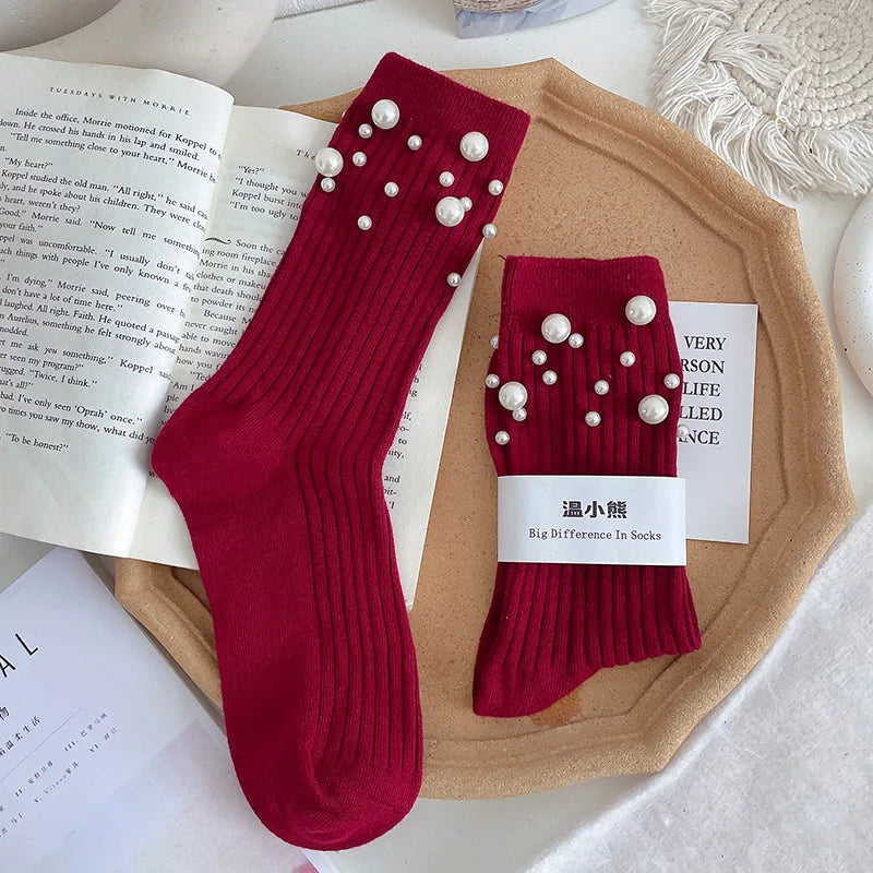 1 Pair of Women's Fashionable Pearl Decorative Socks, Cute Princess Style Mid Calf Korean Style Socks, Clothing Accessories Peaceful Pleasures Health and Wellness Burgundy One Size