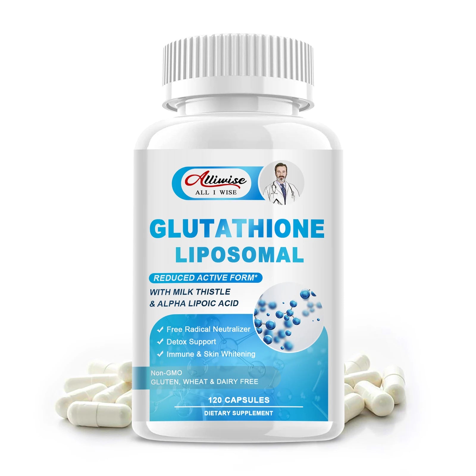 Alliwise Glutathione Capsules – Antioxidant & Skin Clarity Supplement Dietary Supplement Peaceful Pleasures Health and Wellness 120pcs 1bottles United States