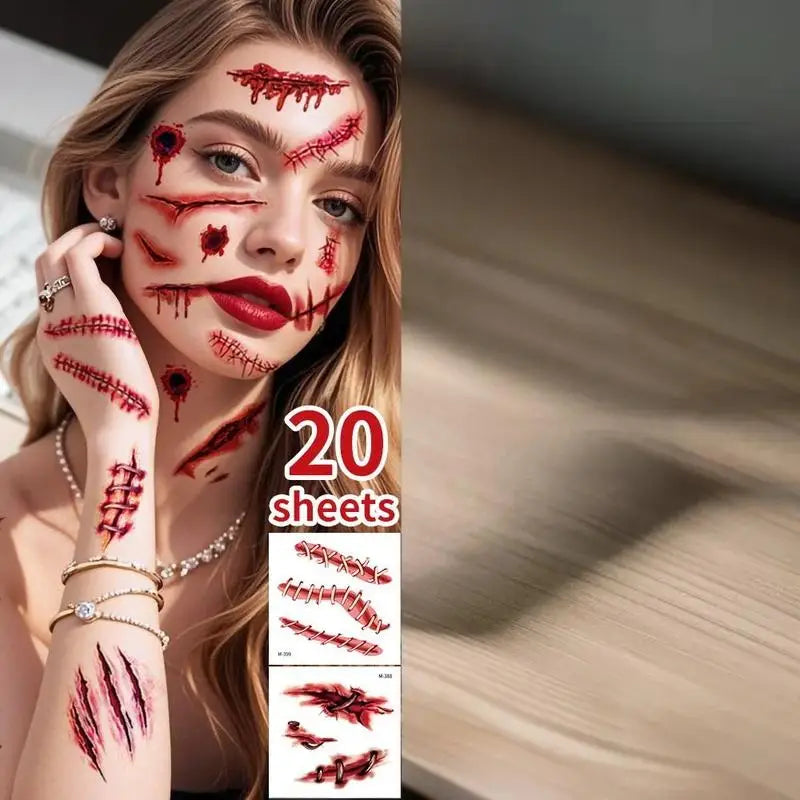 20 Sheets 3D Realistic Scar Tattoos - Waterproof Fake Bloody Wound Stickers For Halloween Cosplay Face & Body Makeup Adults Peaceful Pleasures Health and Wellness
