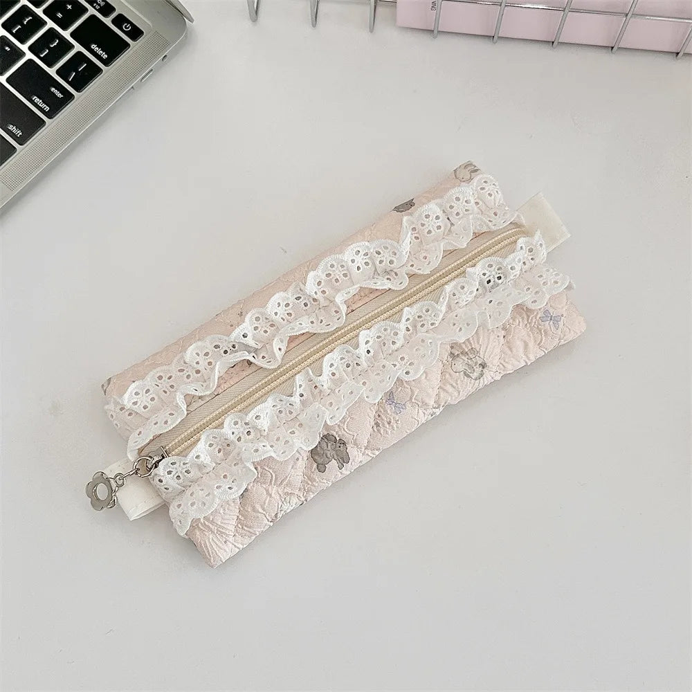 Fresh Lace Pencil Pouch Large Capacity Cosmetic Bag Flower Pattern Pen Case Makeup Bag Cartoon Stationery Storage Bag Peaceful Pleasures Health and Wellness Style A