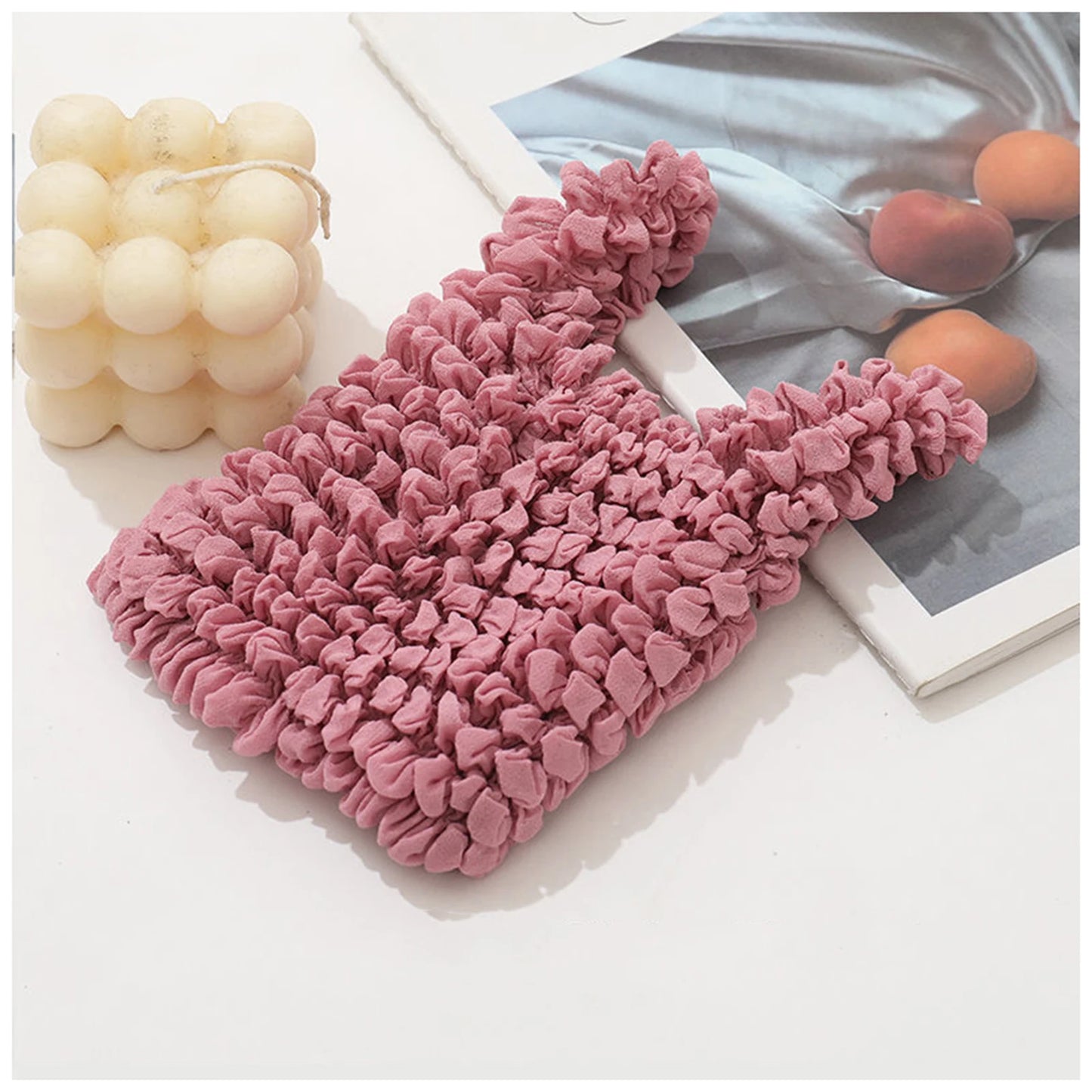 Fold Pleated Flexible Stretch Mini Bag Mini Bag Large Capacity Bubble Elastic Portable Shopping Handbag Tote Peaceful Pleasures Health and Wellness Rubber pink