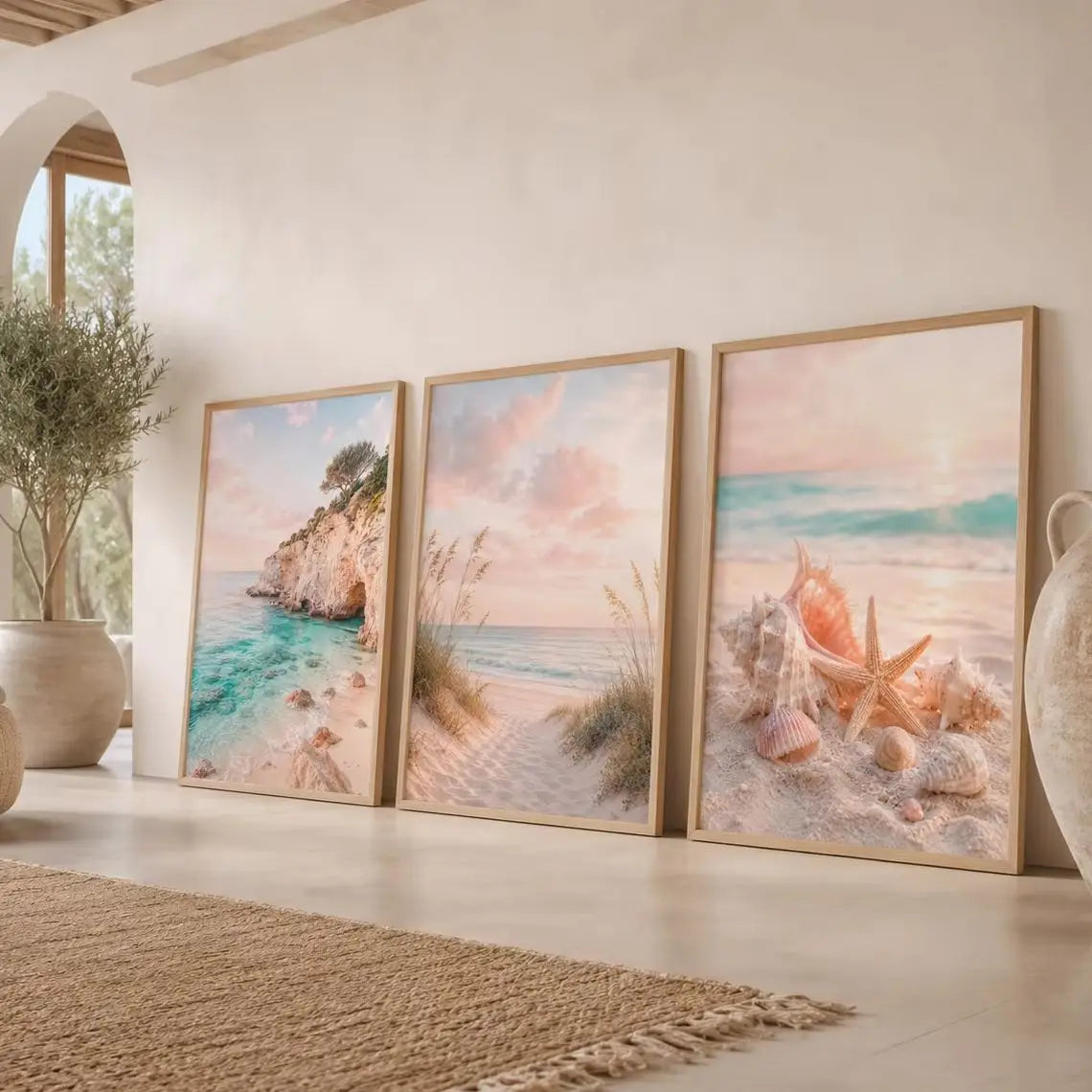 Nordic Coastal Beach Wall Art Pink Sunset Canvas Painting Tropical Ocean Palm Tree Poster Print Living Room Decor Peaceful Pleasures Health and Wellness