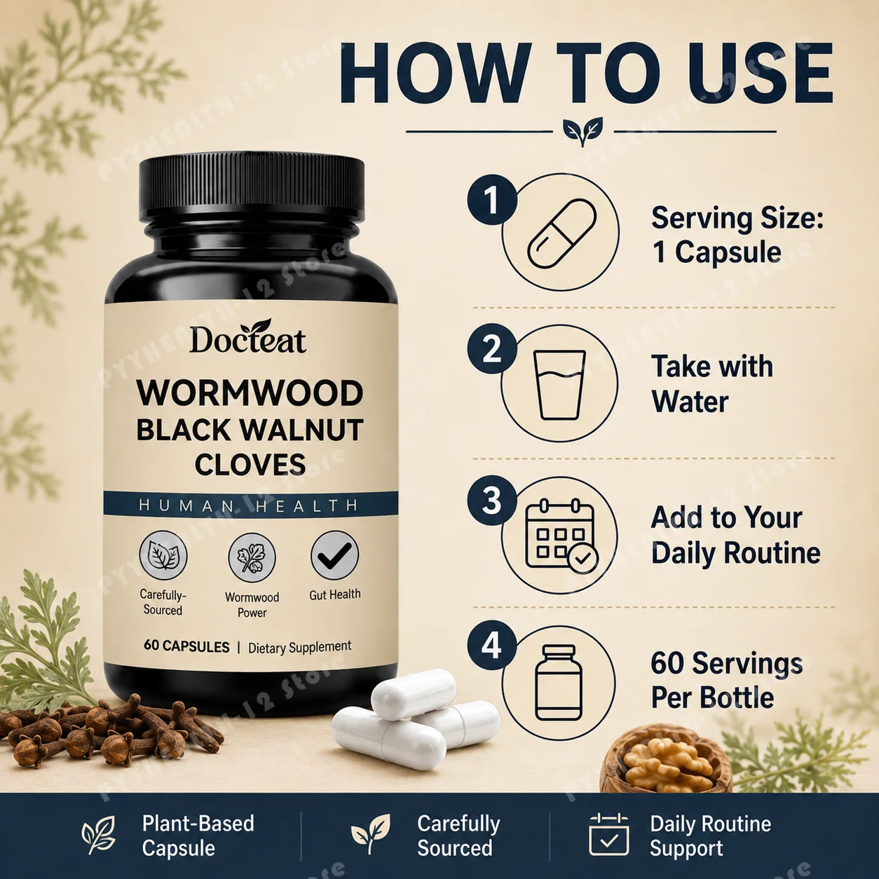 Wormwood Black Walnut Cloves Capsules 60ct – Herbal Digestive Herbal Supplement Capsules Peaceful Pleasures Health and Wellness