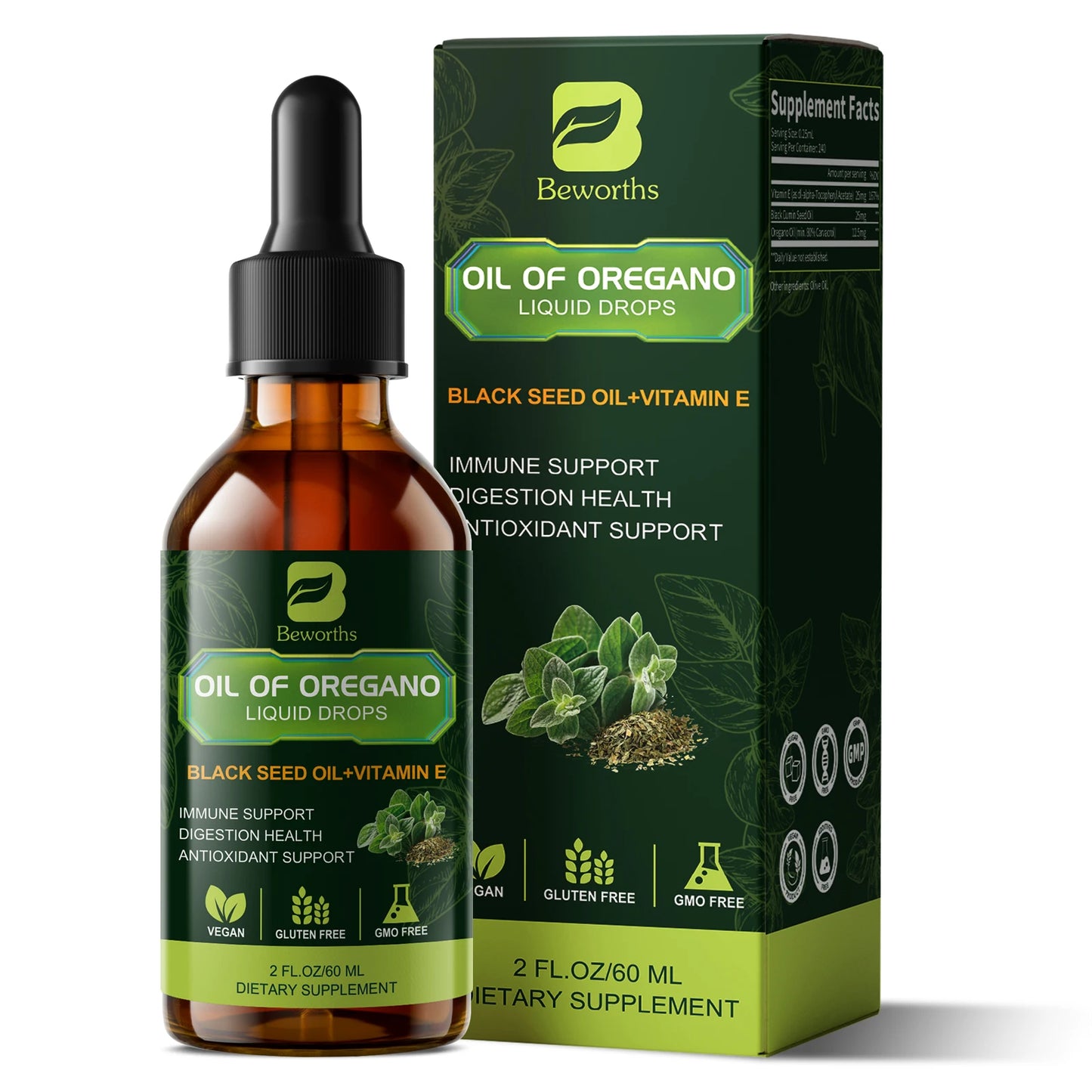 Oregano Oil Drops with Black Seed Oil & Vitamin E Peaceful Pleasures Health and Wellness 60ml 2bottles United States
