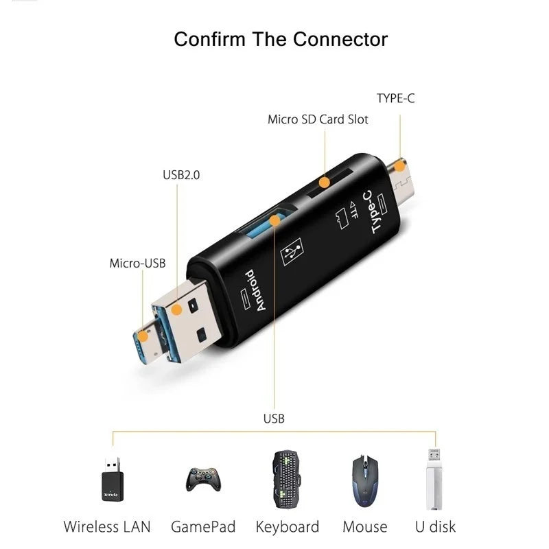 5 in 1 Multifunction Usb 2.0 Type C/Usb /Micro Usb/Tf/SD Memory Card Reader OTG Card Reader Adapter Mobile Phone Accessories Peaceful Pleasures Health and Wellness