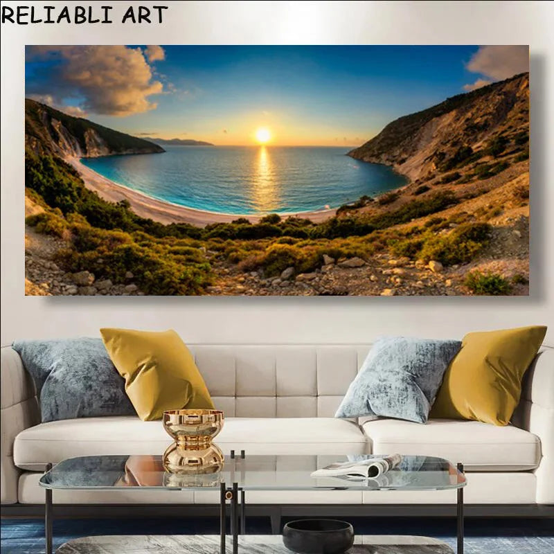 Modern Large Size Landscape Poster Wall Art Canvas Painting Sunset Beach Picture For Living Room Bedroom Home Decor No Frame Peaceful Pleasures Health and Wellness x sea 111-8 50x100cm