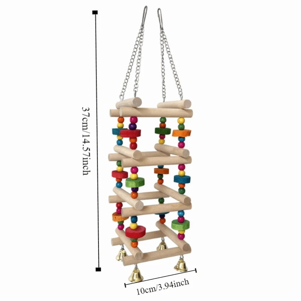 Colorful Wooden Parrot Climbing Ladder Toy with Bells | Bird Cage